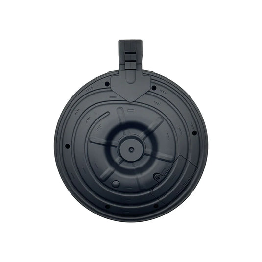 A black drum magazine for an AK gel blaster, viewed from the back.