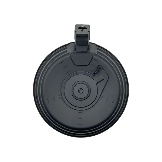 A black drum magazine for an AK gel blaster, viewed from the front.