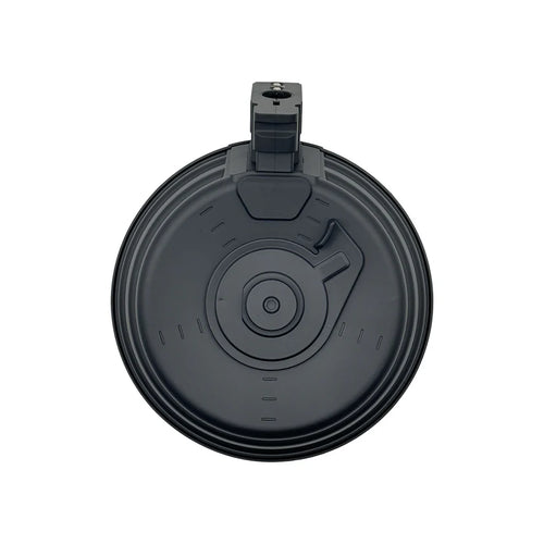 A black drum magazine for an AK gel blaster, viewed from the front.