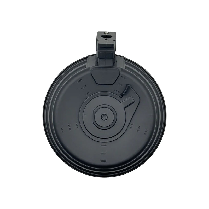 Load image into Gallery viewer, A black drum magazine for an AK gel blaster, viewed from the front.
