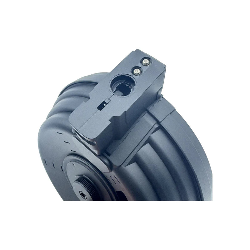 Load image into Gallery viewer, A black drum magazine for an AK gel blaster, viewed from the mag terminal.
