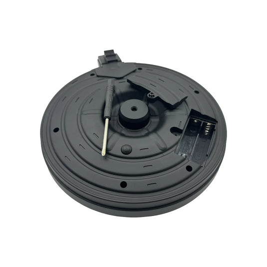 A black drum magazine for an AK gel blaster, viewed from the top.