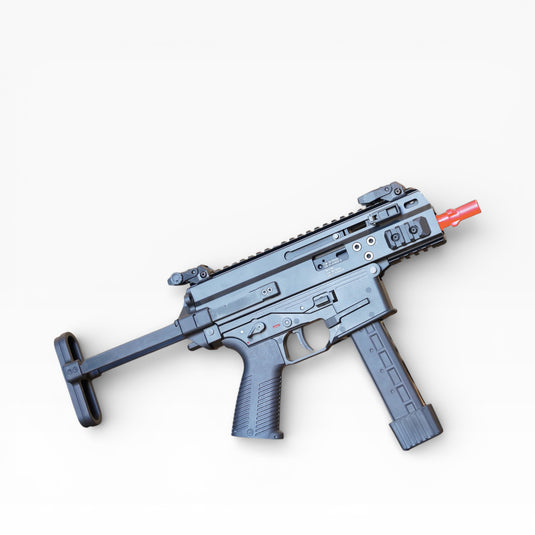 TOY SMG with a blue finish and red tip on a white background