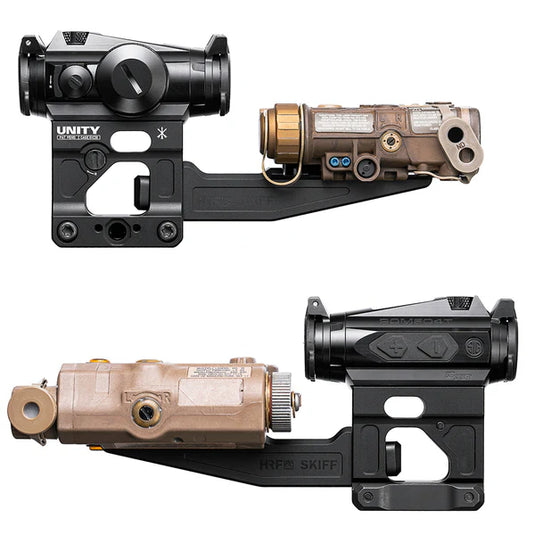 Two tactical rifle scopes with different designs on a white background
